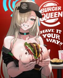 Rule 34 | 1girl, alternate costume, aqua eyes, asuna (blue archive), bare shoulders, black choker, black hat, black shirt, blue archive, blue eyes, blue halo, blue ribbon, blush, brand name imitation, breasts, burger, burger king, choker, cup, drinking straw, employee uniform, english text, food, food between breasts, french fries, grin, hair over one eye, hair ribbon, halo, hat, highres, large breasts, light brown hair, logo parody, long hair, looking at viewer, off shoulder, parody, red background, ribbon, shiny skin, shirt, short sleeves, simple background, smile, solo, table, teeth, uniform, upper body, visor cap, zig90