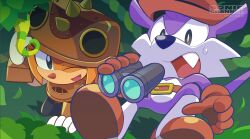 Rule 34 | 1boy, 1girl, artist request, bad source, belt, binoculars, boots, brown footwear, brown gloves, cowboy hat, fang, fang the sniper, gloves, hat, helmet, highres, holding, holding binoculars, leaf, official art, one eye closed, open mouth, sonic (series), sonic superstars, sweat, tail, third-party source, trip the sungazer