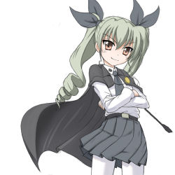 Rule 34 | 10s, 1girl, anchovy (girls und panzer), belt, belt buckle, black skirt, blush, brown eyes, buckle, cape, cowboy shot, crossed arms, dress shirt, drill hair, flipper, girls und panzer, green hair, hair ribbon, holding, holding riding crop, long hair, long sleeves, miniskirt, necktie, pantyhose, pleated skirt, ribbon, riding crop, school uniform, shirt, simple background, skirt, smirk, solo, twin drills, twintails, white background, white pantyhose, white shirt