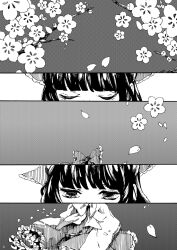 Rule 34 | 1girl, blunt bangs, bow, cherry blossoms, comic, frilled bow, frilled skirt, frills, greyscale, hair bow, hakurei reimu, halftone, monochrome, skirt, solo, touhou, tugumi0w0