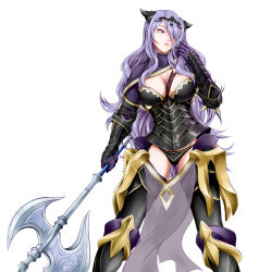 Rule 34 | 1girl, axe, breasts, camilla (fire emblem), cleavage, fire emblem, fire emblem fates, hair over one eye, highres, nintendo, purple hair, simple background, solo, tiara, weapon, yomitrooper