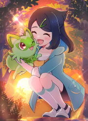 Rule 34 | 1girl, :d, absurdres, black hair, black shorts, blush, closed eyes, colored inner hair, commentary request, cowlick, creatures (company), game freak, green jacket, hair ornament, hairclip, happy, haru (haruxxe), highres, holding, holding pokemon, jacket, liko (pokemon), multicolored hair, nintendo, open clothes, open jacket, open mouth, outdoors, pokemon, pokemon (anime), pokemon (creature), shirt, shoes, shorts, smile, socks, sprigatito, squatting, sunset, tiptoes, twilight, white footwear, white shirt, white socks, yellow bag
