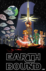 Rule 34 | 1970s (style), 1girl, 3boys, baseball bat, child, earth (planet), english text, formal, jeff andonuts, laura wilson, mother (game), mother 2, multiple boys, ness (mother 2), nintendo, oldschool, parody, paula (mother 2), planet, poo (mother 2), poster (medium), retro artstyle, science fiction, sky, star (sky), star wars, starman, starman (mother), starry sky, suit, ufo