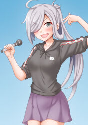 Rule 34 | 1girl, ahoge, akebono (kancolle), akebono (kancolle) (cosplay), akebono (round one mode) (kancolle), anti (untea9), asashimo (kancolle), black sweater, blue background, commentary request, cosplay, cowboy shot, gradient background, grey eyes, grey hair, hair over one eye, highres, hood, hooded sweater, kantai collection, looking at viewer, pleated skirt, ponytail, purple skirt, sharp teeth, skirt, solo, sweater, teeth, v