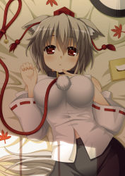 Rule 34 | 1girl, animal ears, bad id, bad pixiv id, breasts, collar, cpu (hexivision), detached sleeves, female focus, hat, impossible clothes, impossible shirt, inubashiri momiji, large breasts, leash, lying, on back, red eyes, shade, shirt, short hair, silver hair, solo, tail, tokin hat, touhou, viewer holding leash, wolf ears, wolf tail