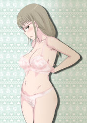 Rule 34 | 1girl, adjusting bra, adjusting clothes, arms behind back, blush, bow, bow bra, bra, breasts, brown eyes, brown hair, cleavage, cowboy shot, floral background, glasses, green background, groin, half-closed eyes, heart, lace, lace-trimmed bra, lace-trimmed panties, lace trim, large breasts, light frown, looking at viewer, medium breasts, minpei ichigo, navel, open mouth, panties, pink-framed eyewear, shadow, solo, soredemo machi wa mawatteiru, standing, sweatdrop, tatsuno toshiko, underwear, underwear only, white bra, white panties
