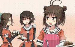 Rule 34 | 10s, 3girls, :d, ^ ^, annin musou, antenna hair, apron, bad id, bad pixiv id, brown eyes, brown hair, closed eyes, closed mouth, curry, curry rice, double bun, closed eyes, food, jintsuu (kancolle), kantai collection, long hair, multiple girls, naka (kancolle), open mouth, rice, sendai (kancolle), short hair, short sleeves, smile, spoon