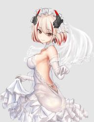Rule 34 | 1girl, azur lane, back cutout, bare back, blonde hair, breasts, bridal veil, brown eyes, choker, clothing cutout, cross, dress, earrings, elbow gloves, closed eyes, gloves, greyscale, hair between eyes, headgear, highres, iron cross, jewelry, large breasts, looking at viewer, monochrome, multicolored hair, red hair, roon (azur lane), short hair, sideboob, simple background, smile, solo, tachanka (tachankaa), veil, wedding dress, white dress, white gloves