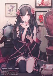 Rule 34 | 1girl, bare shoulders, belt, black dress, black hair, box, chair, cierra (ra-bit), company name, copyright name, cosmetics, cup, dress, flower, hairband, hands up, high heels, kneeling, long hair, official art, painting (object), parted lips, pink eyes, pinky out, solo, string, suishinshi masahide (tenka hyakken), teacup, teapot, tenka hyakken, too many, too many belts, tray, wide sleeves, wooden wall