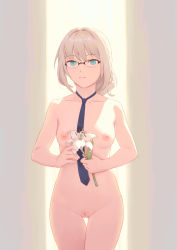 Rule 34 | 1girl, an-94 (antje) (girls&#039; frontline), an-94 (girls&#039; frontline), bigrbear, blue neckwear, braid, breasts, brown background, cleft of venus, cowboy shot, flower, french braid, girls&#039; frontline, glasses, green eyes, highres, holding, holding flower, medium breasts, naked necktie, necktie, nipples, nude, parted lips, platinum blonde hair, pussy, short hair, two-tone background, uncensored, yellow background