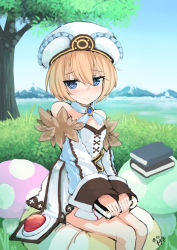 Rule 34 | 1girl, bad id, bad pixiv id, bare shoulders, blanc (neptunia), blue eyes, blush, book, brown hair, coat, dated, day, dress, embarrassed, hat, looking away, mountainous horizon, neptune (series), outdoors, purerin, short hair, sitting, solo, wavy mouth, white dress, white hat