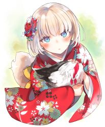 Rule 34 | 1girl, bad id, bad pixiv id, bird, blonde hair, blue eyes, blush, chicken, floral print, flower, from above, furisode, hair flower, hair ornament, holding, japanese clothes, kanzashi, kimono, looking at viewer, looking up, original, otokuyou, parted lips, short hair, solo, wide sleeves