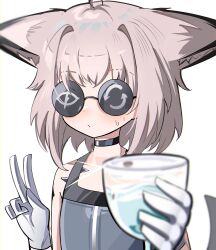 Rule 34 | 1girl, absurdres, ahoge, animal ear fluff, animal ears, arknights, arrow (symbol), bare shoulders, blurry, blurry foreground, blush, brown hair, closed mouth, cup, depth of field, dress, drinking glass, facing viewer, fox ears, fox girl, fox tail, gloves, grey dress, hair intakes, highres, holding, holding cup, round eyewear, simple background, solo, spam (spamham4506), sunglasses, sussurro (arknights), sweat, tail, upper body, v, white background, white gloves, wine glass