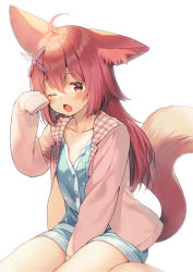 Rule 34 | 1girl, ahoge, animal ear fluff, animal ears, between legs, blue shirt, blue shorts, brown hair, brown jacket, chestnut mouth, collarbone, commentary request, hair between eyes, hair ornament, hand between legs, hand up, jacket, long hair, long sleeves, midorikawa you, one eye closed, open clothes, open jacket, open mouth, original, partially unbuttoned, plaid, red eyes, shirt, short shorts, shorts, simple background, sitting, sleeves past fingers, sleeves past wrists, solo, tail, tail raised, very long hair, wariza, white background