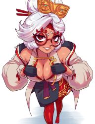 Rule 34 | 1girl, absurdres, bare shoulders, breasts, cleavage, glasses, highres, japanese clothes, kimono, large breasts, lips, mask, mask on head, nintendo, purah, red eyes, red thighhighs, rumblyf, short hair, smile, teeth, the legend of zelda, the legend of zelda: tears of the kingdom, thighhighs, white background, white hair
