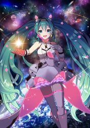 Rule 34 | 1girl, :d, aqua eyes, aqua hair, bare shoulders, blush, boots, braid, commentary request, earrings, earth (planet), feet out of frame, frilled skirt, frills, galaxy live (vocaloid), gloves, hair between eyes, hair ornament, hairband, hand up, hatsune miku, headset, highres, jacket, jewelry, layered skirt, long hair, looking at viewer, microphone, multicolored clothes, multicolored skirt, neon trim, open mouth, outstretched arm, pink gloves, planet, planetary ring, pouch, sidelocks, skirt, sleeveless, sleeveless jacket, smile, solo, space, sparkle, star (sky), star (symbol), star hair ornament, su34ma, teeth, thighhighs, twintails, two-tone gloves, upper teeth only, very long hair, vocaloid, white footwear, white gloves, white jacket, white thighhighs, zettai ryouiki
