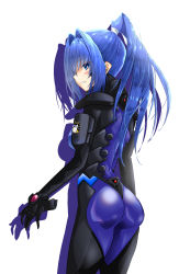 Rule 34 | 1girl, ass, blue hair, blush, bodysuit, breasts, from behind, hair behind ear, hayase mitsuki, highres, kamon rider, long hair, looking at viewer, looking back, medium breasts, muv-luv, muv-luv alternative, open hand, parted lips, pilot suit, ponytail, smile, solo, white background