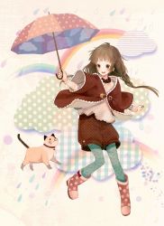 Rule 34 | 1girl, blush, boots, braid, brown eyes, brown hair, cat, cloud, collar, female focus, full body, jewelry, long hair, necklace, open mouth, original, outdoors, pantyhose, rainbow, rubber boots, safety pin, shorts, siro (asteblanc), sky, smile, solo, twin braids, umbrella