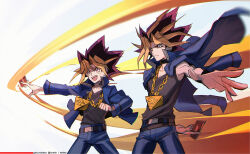 Rule 34 | 2boys, belt, black shirt, blue jacket, brown eyes, card, chain, collar, denim, frown, gokunobaka, gold necklace, jacket, jeans, jewelry, male focus, multiple boys, muto yugi, necklace, open clothes, open jacket, pants, playing card, shirt, spiked hair, yami yugi, yu-gi-oh!, yu-gi-oh! duel monsters