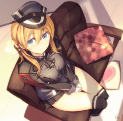 Rule 34 | 10s, 1girl, anchor hair ornament, azumi akitake, black legwear, blonde hair, blue eyes, breasts, cross, cushion, gloves, hair ornament, hat, highres, iron cross, kantai collection, large breasts, long hair, long sleeves, looking up, microskirt, military, military hat, military uniform, peaked cap, prinz eugen (kancolle), skirt, smile, solo, thighs, twintails, uniform, v arms, white gloves