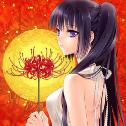 Rule 34 | 1girl, black hair, carnelian, floral background, floral print, flower, long hair, lowres, original, ponytail, purple eyes, solo, spider lily, spider lily print