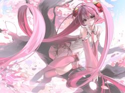Rule 34 | 1girl, absurdly long hair, ahoge, bare shoulders, boots, breasts, cherry blossoms, cherry hair ornament, closed mouth, crossed bangs, detached sleeves, eskm00, food-themed hair ornament, hair ornament, hatsune miku, in tree, long hair, looking at viewer, necktie, outdoors, pink eyes, pink footwear, pink hair, pink necktie, pink skirt, sakura miku, shirt, sitting, sitting in tree, skirt, sleeveless, sleeveless shirt, small breasts, solo, thigh boots, tree, twintails, very long hair, vocaloid, white shirt