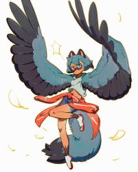 animal_ears black_feathers black_hair black_wings blue_feathers blue_hair blue_shorts blue_wings bob_cut brand_new_animal clothes_around_waist dark-skinned_female dark_skin falling_feathers feathers floating_clothes foot_up from_side furry furry_female green_eyes harpy hashtag-only_commentary highres jacket jacket_around_waist kagemori_michiru kuri_(8mr4i9afb6bmulu) looking_at_viewer looking_to_the_side midriff midriff_peek monster_girl multicolored_hair multicolored_shoes navel raccoon_ears raccoon_girl raccoon_nose raccoon_tail red_jacket red_shoes shoes short_hair short_shorts shorts sidelocks simple_background single_vertical_stripe sneakers sparkle standing standing_on_one_leg tail tank_top tiptoes two-tone_hair two-tone_shoes two-tone_wings white_background white_shoes white_tank_top wind wing_flapping winged_arms wings