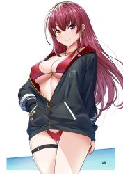 Rule 34 | 1girl, anchor print, belt, bikini, bikini under clothes, black belt, black jacket, breasts, closed mouth, commentary request, drop earrings, earrings, hair down, hand in pocket, heart, heart earrings, heterochromia, highres, hololive, hood, hood down, hooded jacket, houshou marine, houshou marine (summer), jacket, jewelry, large breasts, long hair, looking at viewer, necklace, o-ring, o-ring thigh strap, official alternate costume, official alternate hairstyle, oryou gunsou, partially unzipped, red bikini, red eyes, red hair, signature, simple background, smile, solo, string bikini, swimsuit, thigh belt, thigh strap, two-tone background, virtual youtuber, yellow eyes