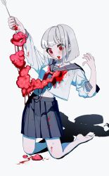Rule 34 | 1girl, absurdres, arched back, arm up, arrow (projectile), barefoot, black sailor collar, black skirt, blood, blood from mouth, blood on clothes, blood on hands, blunt ends, blush, collarbone, commentary request, empty eyes, flesh, full body, grey hair, guro, hand up, highres, holding, holding arrow, hole in chest, hole on body, kneeling, looking down, midriff, neckerchief, numata zombie, open mouth, original, pleated skirt, red eyes, red neckerchief, sailor collar, school uniform, serafuku, shirt, short hair, skirt, solo, torn clothes, translucent hair, white shirt, wide-eyed