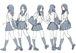 Rule 34 | 1girl, back, bag, character sheet, greyscale, kneehighs, loafers, long hair, monochrome, multiple views, original, parted lips, pleated skirt, ribbon, school bag, school uniform, shoes, simple background, skirt, socks, triangle mouth, twinpoo, white background