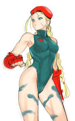 Rule 34 | 1girl, antenna hair, beret, blue eyes, bodypaint, braid, breasts, cammy white, clenched hand, elbow gloves, facial scar, fingerless gloves, gloves, green leotard, hat, highleg, highleg leotard, highres, leotard, long braid, long hair, medium breasts, red gloves, red hat, scar, scar on cheek, scar on face, skin tight, solo, standing, street fighter, street fighter ii (series), tetsu (kimuchi), thighs, toned, twin braids