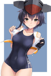 Rule 34 | 1girl, asymmetrical hair, bare legs, black gloves, black hair, black one-piece swimsuit, blush, border, brown eyes, closed mouth, covered navel, cowboy shot, gloves, hair between eyes, hat, highres, i-14 (kancolle), kantai collection, kodama (mmt uf), looking at viewer, one-piece swimsuit, open clothes, open shirt, partially fingerless gloves, shirt, short hair, single glove, sleeveless, sleeveless shirt, solo, swimsuit, swimsuit under clothes, white border, white shirt