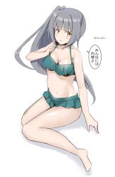 Rule 34 | 1girl, bare shoulders, barefoot, bikini, breasts, brown eyes, cleavage, commentary request, frilled bikini, frills, from side, full body, green bikini, grey hair, hair ribbon, highres, index finger raised, kantai collection, kasumi (kancolle), kasumi kai ni (kancolle), long hair, looking at viewer, looking to the side, medium breasts, minoa 11touhei, official alternate costume, partial commentary, ribbon, side ponytail, simple background, solo, swimsuit, translation request, twitter username, white background