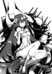 Rule 34 | 10s, 1girl, :&lt;, abyssal ship, anchorage water oni, deel (rkeg), enemy aircraft (kancolle), greyscale, highres, horns, kantai collection, long hair, machinery, monochrome, sitting, solo, torn clothes, turret, very long hair