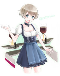 Rule 34 | 10s, 1girl, alternate costume, apron, bad id, bad pixiv id, blue apron, blue eyes, coffee, coffee maker, cross, dirndl, dress, german clothes, highres, iron cross, jewelry, kantai collection, necklace, retorillo, short hair, silver hair, solo, underbust, waist apron, z1 leberecht maass (kancolle)