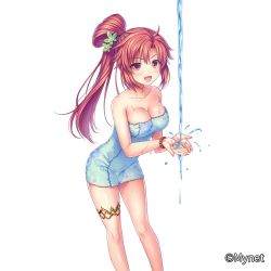 Rule 34 | 1girl, :d, bare shoulders, blush, bracelet, breasts, character request, cleavage, dot nose, feet out of frame, hair ornament, high ponytail, jewelry, leaning forward, legband, long hair, looking at viewer, medium breasts, naked towel, official art, open mouth, otosume ruiko, pink eyes, sangoku infinity, simple background, smile, solo, standing, towel, washing hands, water, watermark, wet, white background