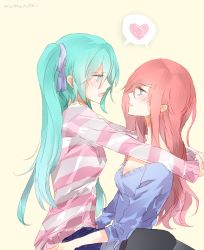 Rule 34 | 2girls, arms around neck, blue eyes, blue hair, blue shirt, blush, casual, hair ribbon, hands on another&#039;s thighs, hatsune miku, heart, highres, looking at another, megurine luka, multiple girls, muromaki, pink hair, pink shirt, ribbon, shirt, sitting, sitting on person, spoken heart, striped clothes, striped shirt, twintails, two-tone shirt, vocaloid, yuri