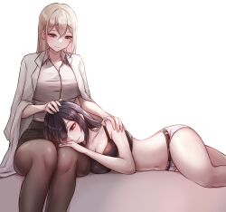 Rule 34 | 2girls, absurdres, belt, black bra, black hair, black pantyhose, black skirt, blonde hair, bra, breasts, brown eyes, cheonju, closed mouth, coat, collarbone, hair between eyes, half-closed eyes, hand on another&#039;s head, hand on another&#039;s shoulder, hand on another&#039;s thigh, highres, korean commentary, lap pillow, large breasts, looking down, lying, multiple girls, navel, on side, original, pantyhose, red eyes, short shorts, shorts, simple background, sitting, skirt, smile, stomach, thighs, underwear, white background, white coat, white shorts, yuri