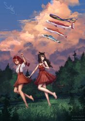 Rule 34 | 2girls, animal ear fluff, animal ears, arm up, bare legs, barefoot, black hair, blue sky, bow, bowtie, cloud, cloudy sky, crossed bangs, day, dress, everlasting summer, feet, forest, grass, hair between eyes, hand up, highres, landscape, legs, looking at viewer, looking to the side, multiple girls, nature, open mouth, outdoors, plaid, plaid dress, red bow, red bowtie, red dress, red hair, red skirt, sainty, scenery, self-upload, shirt, short dress, short sleeves, signature, skirt, sky, standing, standing on one leg, sunset, suspender skirt, suspenders, toes, ulyana (sainty), watermark, web address, white shirt
