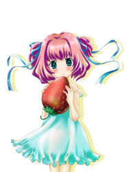 Rule 34 | 1girl, blue eyes, blush, chemise, food, fruit, hair ribbon, original, red hair, ribbon, shirokuma, shirokuma (hello), solo, strap slip, strawberry