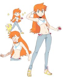 Rule 34 | 1girl, armpits, ass, back, blouse, breasts, creatures (company), cutie-png, denim, game freak, gen 1 pokemon, green eyes, gym leader, highres, jeans, legs, long hair, misty (pokemon), navel, nintendo, one eye closed, orange hair, pants, pokemon, pokemon rgby, ponytail, psyduck, shirt, side ponytail, sleeveless, small breasts, standing, tank top, thighs, white shirt, wink