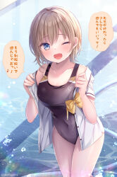 1girl black_one-piece_swimsuit blonde_hair blue_eyes bow bowtie commentary_request competition_swimsuit covered_navel feet_out_of_frame multicolored_swimsuit nemuri_nemu one-piece_swimsuit one_eye_closed open_clothes open_shirt original shirt short_hair short_sleeves smile solo swimsuit swimsuit_under_clothes translated water white_shirt yellow_bow yellow_bowtie