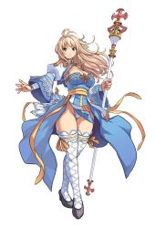 Rule 34 | 1girl, arch bishop (ragnarok online), blonde hair, blush, breasts, cleavage, cross, full body, funamushi (funa), green eyes, high heels, highres, lace, lace-trimmed legwear, lace-trimmed panties, lace trim, large breasts, long hair, outstretched arm, panties, ragnarok online, ribbon, shoes, simple background, smile, solo, staff, thighhighs, thighs, underwear, white background, white panties, white thighhighs, wind, wind lift