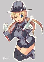 Rule 34 | 10s, 1girl, ;d, anchor hair ornament, aqua eyes, black skirt, black thighhighs, blonde hair, gloves, grey background, hair between eyes, hair ornament, hat, index finger raised, kantai collection, long hair, long sleeves, looking at viewer, microskirt, military, military uniform, one eye closed, open mouth, outline, over-kneehighs, peaked cap, pleated skirt, prinz eugen (kancolle), seo tatsuya, simple background, skirt, smile, solo, thighhighs, twintails, twitter username, uniform, white gloves