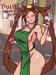 Rule 34 | 1girl, anger vein, apron, breasts, brown hair, closed eyes, guilty gear, iced latte with breast milk (meme), kuradoberi jam, large breasts, legs, long hair, meme, naked apron, pink lips, shiny skin, sideboob, smile, solo, standing, thick thighs, thighs, very long hair