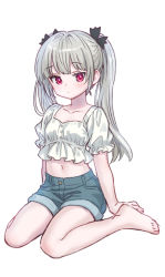 Rule 34 | 1girl, alternate hairstyle, ama-tou, arm support, bare legs, barefoot, black bow, blouse, bow, closed mouth, collarbone, crop top, denim, denim shorts, dot nose, expressionless, frilled shirt, frilled sleeves, frills, from side, full body, hair bow, highres, long hair, looking at viewer, looking to the side, midriff, navel, pink eyes, puffy short sleeves, puffy sleeves, shirt, short sleeves, shorts, silver hair, simple background, sitting, solo, sophie twilight, tonari no kyuuketsuki-san, tsurime, twintails, wariza, white background, white shirt