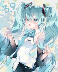 Rule 34 | 1girl, 39, :d, ahoge, aqua bow, aqua hair, aqua nails, bare shoulders, black skirt, black sleeves, blue eyes, bow, breasts, collared shirt, commentary, dated, detached sleeves, grey background, hair between eyes, hands up, hatsune miku, holding, holding own hair, long hair, long sleeves, medium breasts, nail polish, open mouth, pingo, pleated skirt, see-through, see-through sleeves, shirt, skirt, sleeveless, sleeveless shirt, smile, solo, sparkle, twintails, very long hair, vocaloid, white shirt, wide sleeves