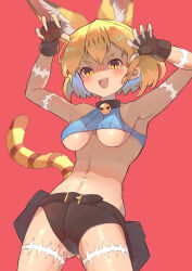 Rule 34 | 1girl, :d, absurdres, animal ear fluff, animal ears, armpits, arms up, bare shoulders, belt, belt pouch, black belt, black gloves, blonde hair, blue shirt, blush, breasts, cat ears, cat tail, claw pose, commentary, cosplay, cowboy shot, crop top, extra ears, fangs, fingerless gloves, fingernails, gloves, hair between eyes, highres, kemono friends, looking at viewer, medium breasts, midriff, ms. fortune (skullgirls), ms. fortune (skullgirls) (cosplay), navel, open mouth, osnmykk, pouch, red background, scar, serval (kemono friends), sharp fingernails, shirt, short hair, short shorts, shorts, simple background, skullgirls, sleeveless, sleeveless shirt, slit pupils, smile, solo, tail, teeth, underboob, upper teeth only, yellow eyes