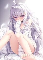 Rule 34 | 1girl, absurdres, ahoge, bare legs, barefoot, between legs, blunt bangs, blush, bottomless, covering own mouth, dress shirt, embarrassed, feet, hair ornament, hand between legs, hand over own mouth, hand to own mouth, highres, long hair, long sleeves, looking at viewer, naked shirt, no bra, no pants, off shoulder, open clothes, open shirt, original, partially unbuttoned, red eyes, shirt, sitting, sleeves past wrists, soles, solo, sweat, toenails, toes, tomifumi, very long hair, white hair, white shirt