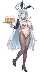 Rule 34 | 1girl, absurdres, alcohol, animal ears, beer, beer mug, black jacket, blue archive, blush, bow, bowtie, breasts, brown pantyhose, cropped jacket, crotchless, crotchless pantyhose, cup, fake animal ears, frontless outfit, full body, gloves, hair ornament, halo, heart, heart maebari, heart pasties, high heels, highres, jacket, large breasts, long hair, looking at viewer, maebari, meme attire, mug, navel, noa (blue archive), onedoo, pantyhose, pasties, purple eyes, rabbit ears, rabbit tail, revealing clothes, reverse bunnysuit, reverse outfit, shrug (clothing), sidelocks, solo, tail, tray, very long hair, white gloves, white hair, wrist cuffs